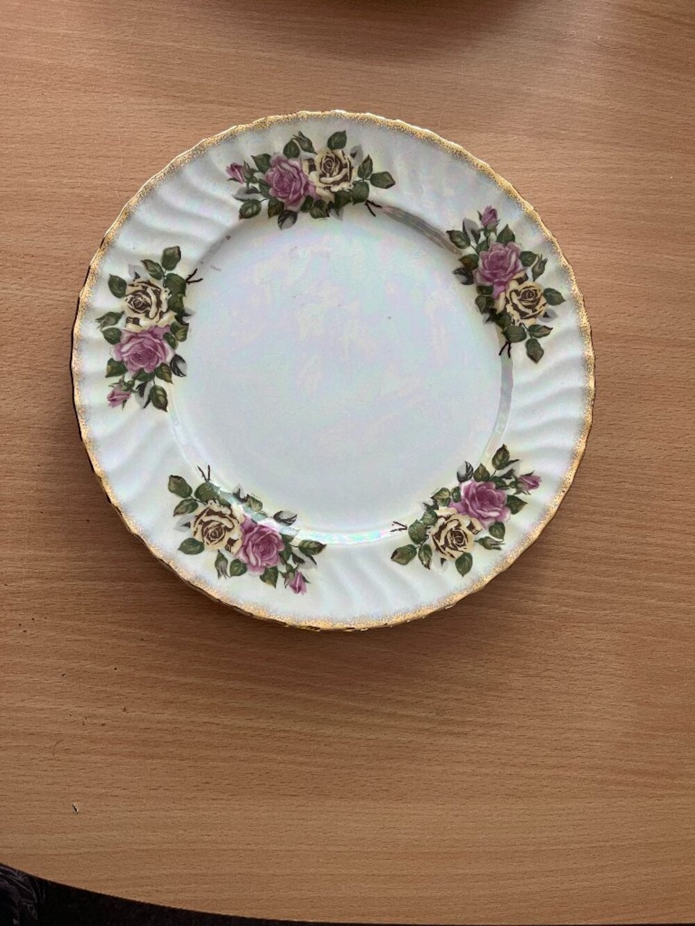 Vintage Japanese luster plate rose clusters gilded scalloped rim pearlescent